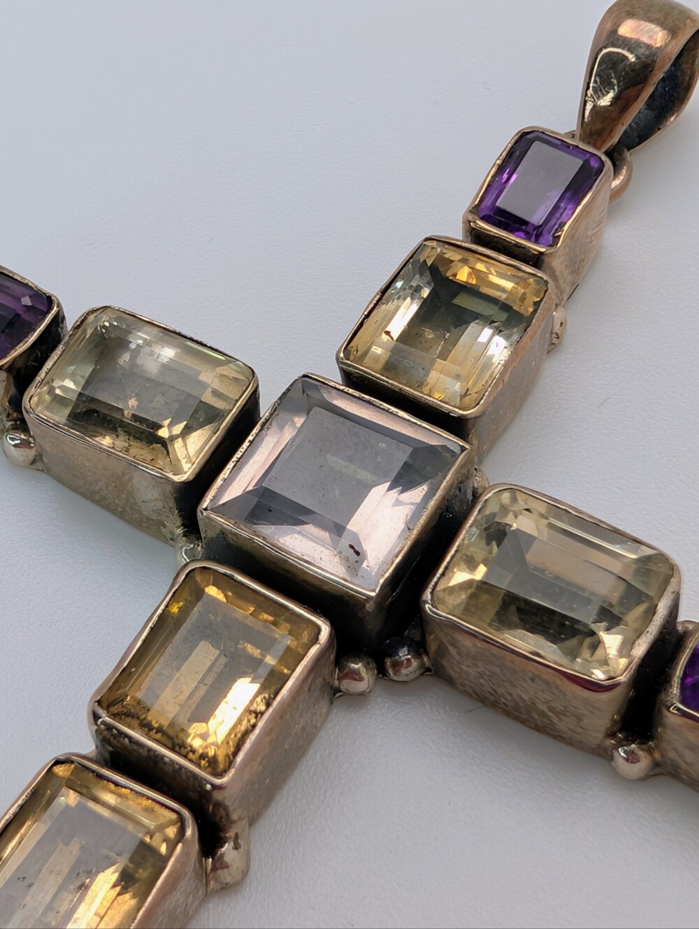 Large Multi Stone Cross Pendant Amethyst, Citrine, Quartz S925 Sterling Silver - Picture 3 of 5